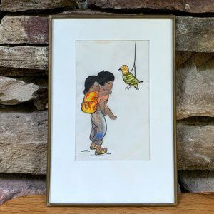 Silk Children Bird Painting Original Art Framed Brass Artist Signed